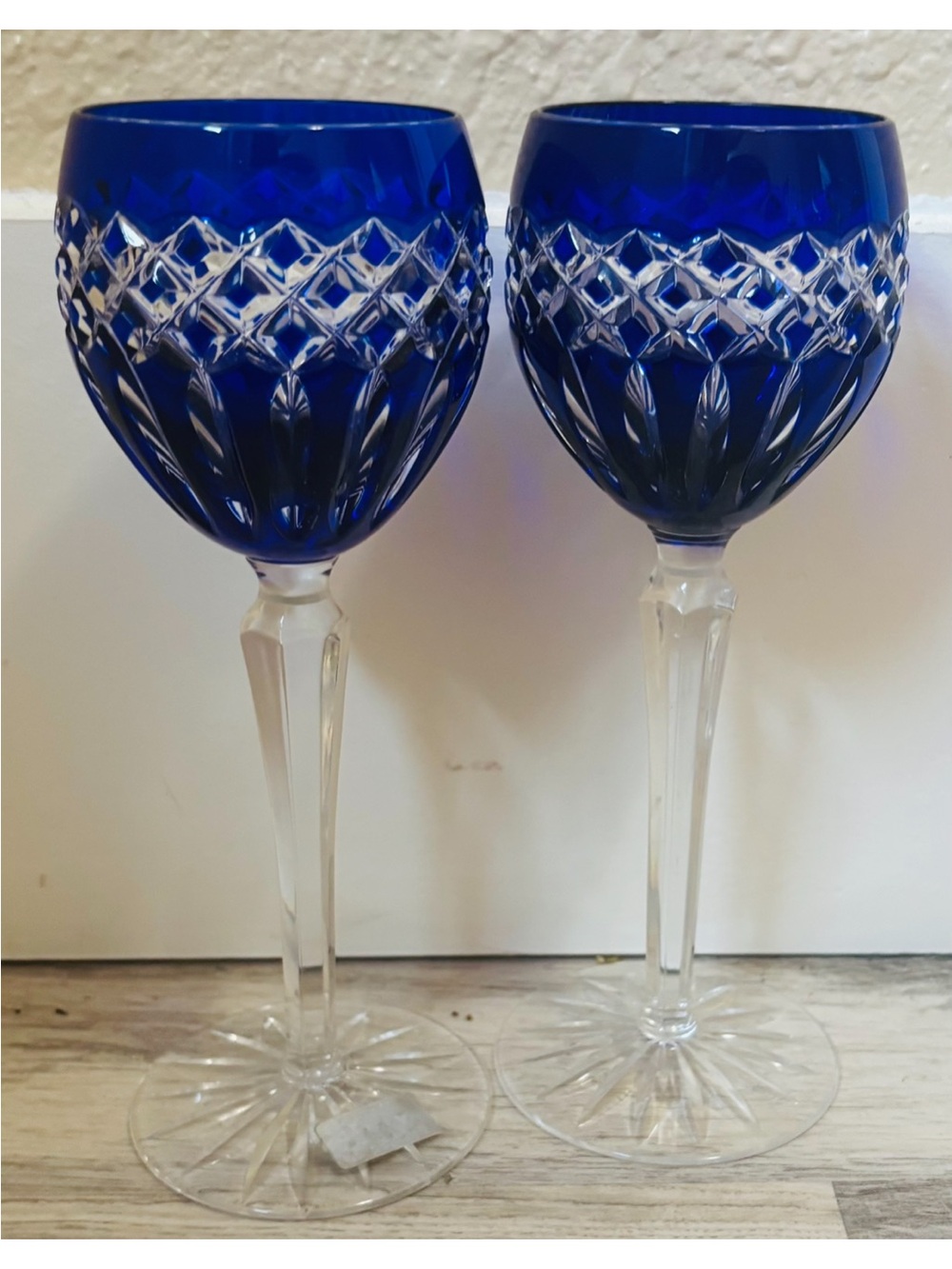 Cobalt Blue Cut Crystal Wine Goblets - Pair Waterford